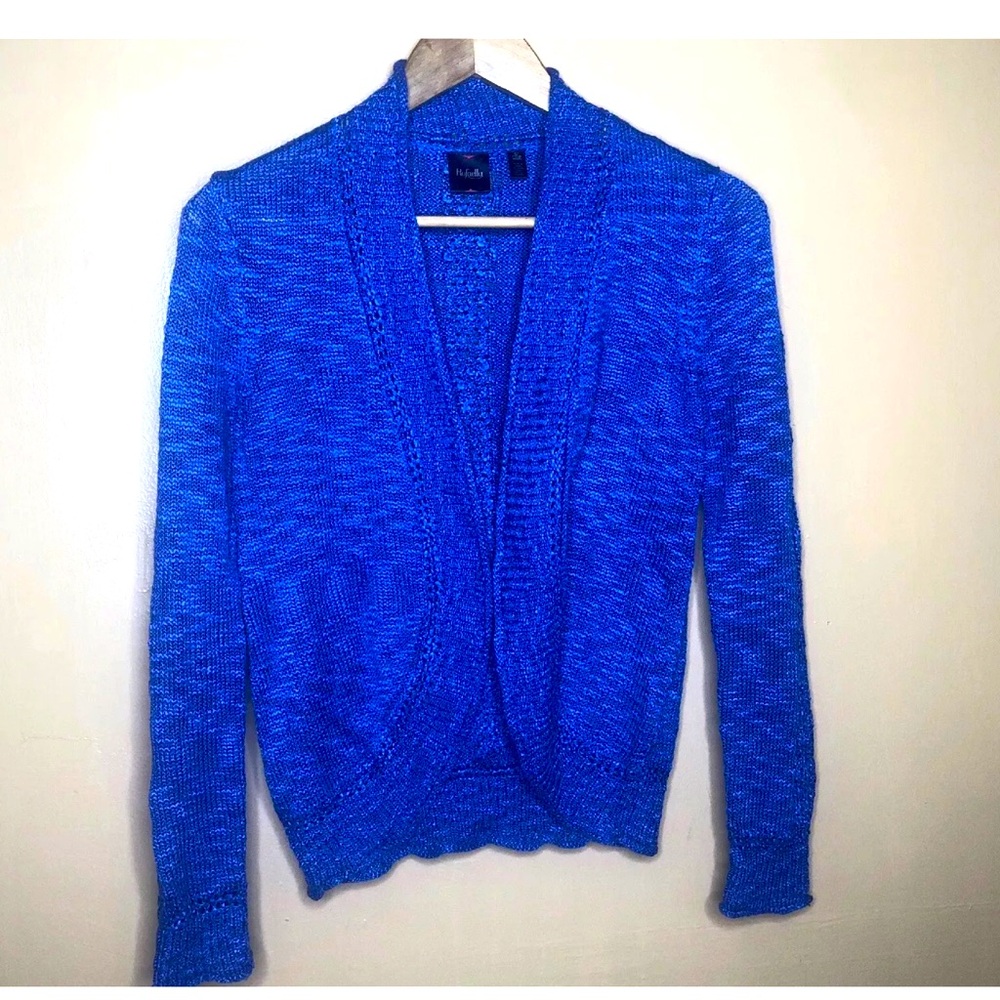 Rafaella Sweater Cardigan Blue Open Front Tight Knit Long Sleeve
